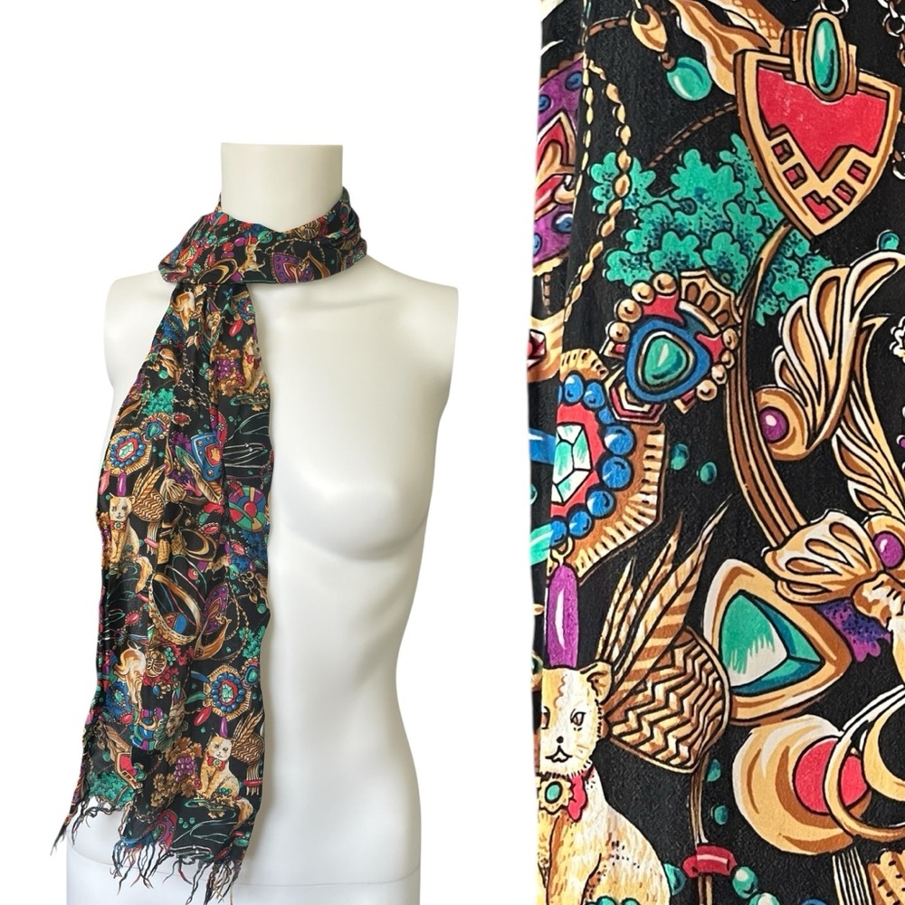 Colorful Silk Feel Scarf Kitsch Cat Figurines Gems Jewelry